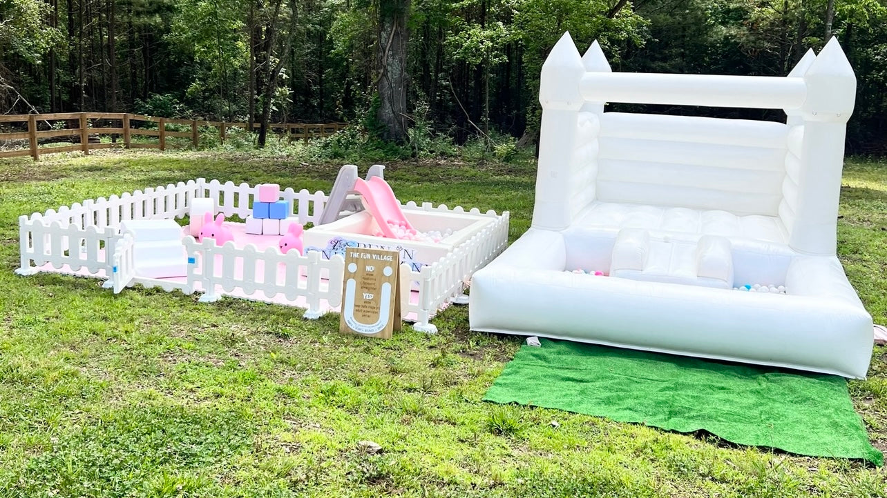 Combo Bounce & Play Package w/ 5’x5’ White Ball Pit Play Zone, 8’x13’ White Bounce House
