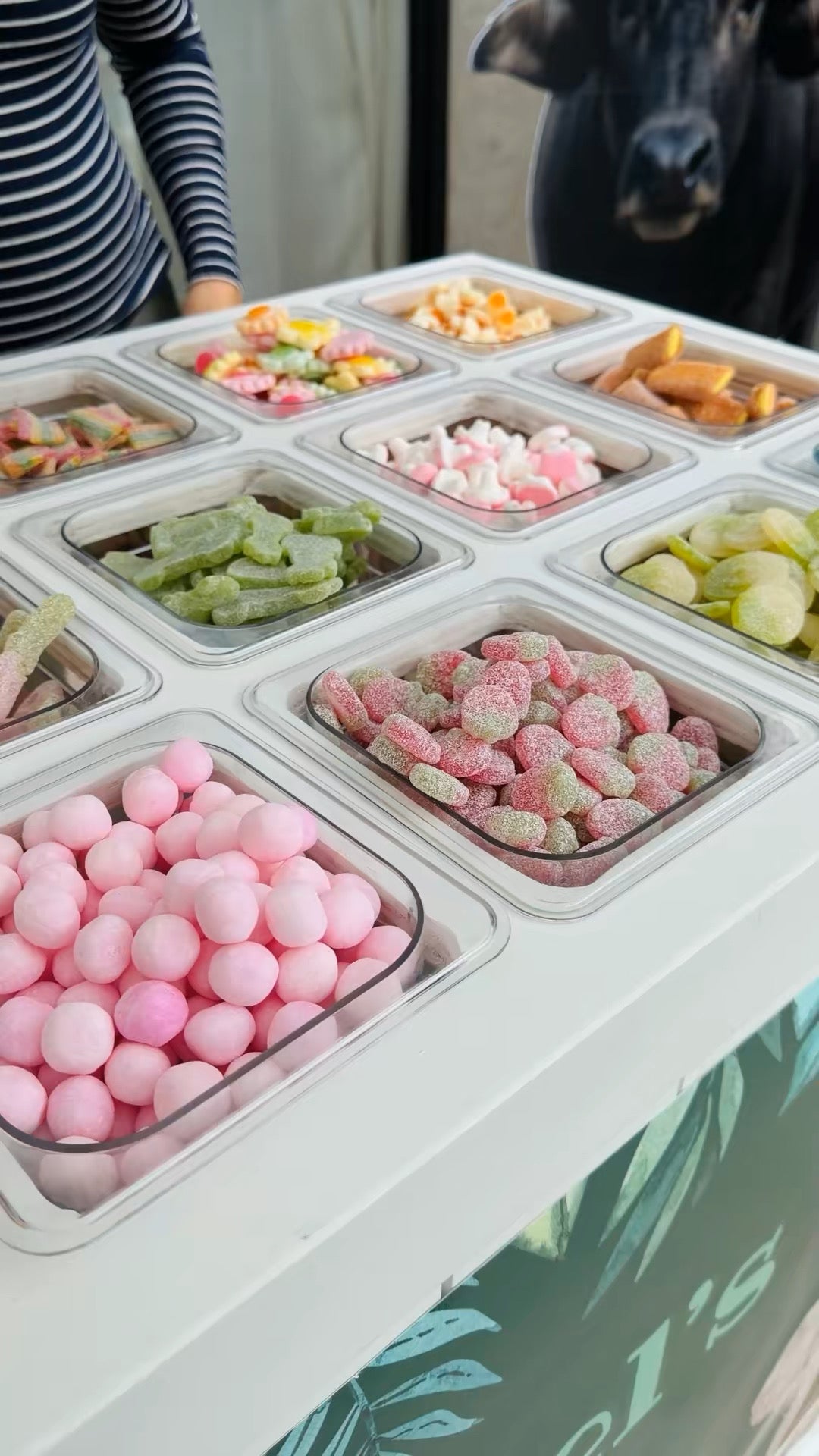 A white candy bar cart for parties in Atlanta filled with multiple compartments of assorted colorful candies, sweets, and fruit pieces, with a person in a striped shirt on the left and a black animal head visible in the background.