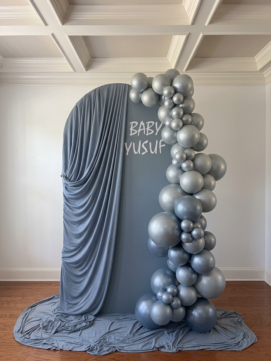 Wooden Backdrop, Draping, & Balloons