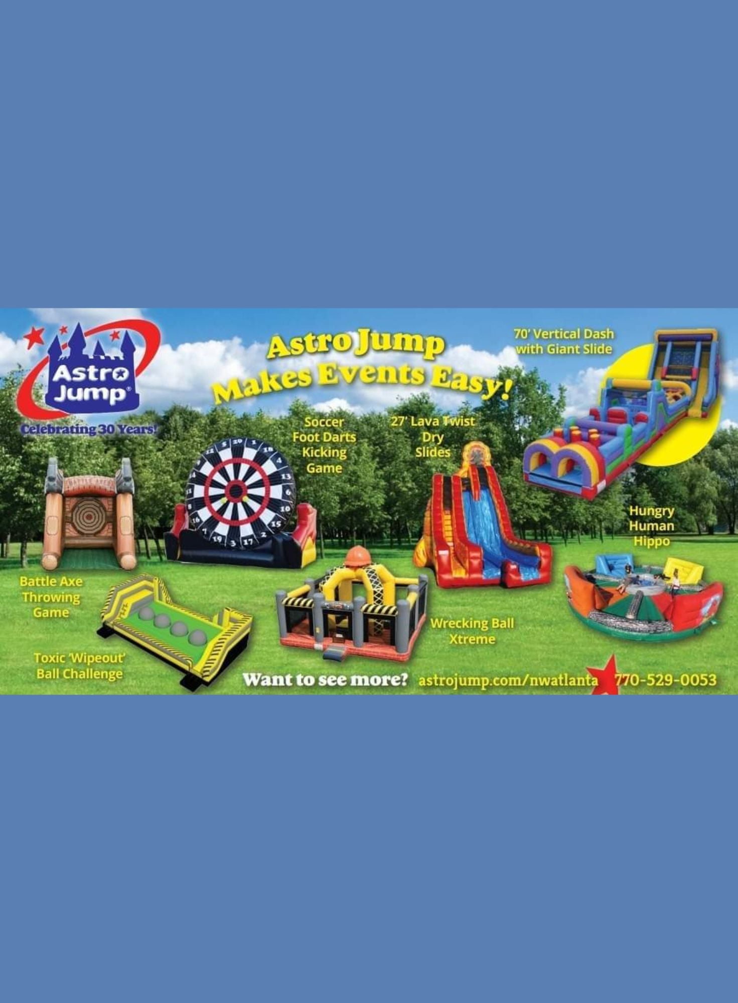 AstroJump inflatable playground equipment with text and contact information.