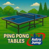 Ping pong table with Astro Jump logo on a green landscape background