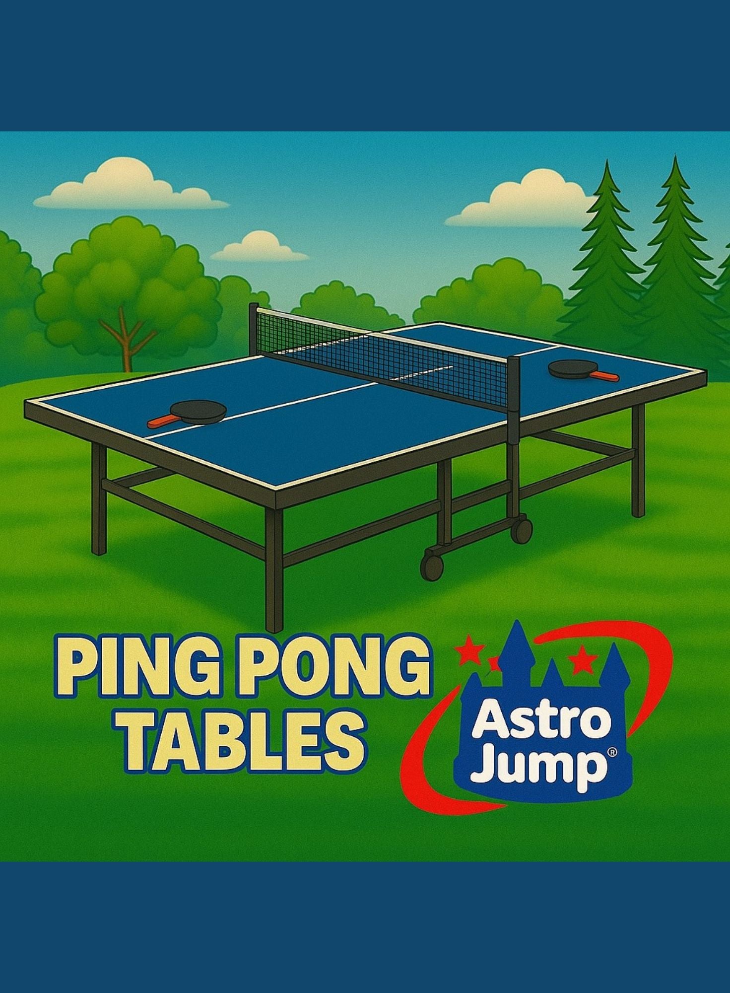 Ping pong table with Astro Jump logo on a green landscape background
