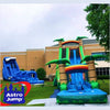 Inflatable water slide with Astro Jump logo in front of a building