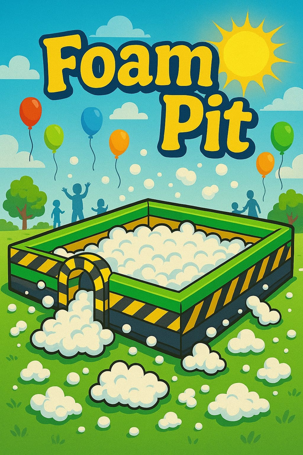Illustration of a foam pit with balloons and children in the background