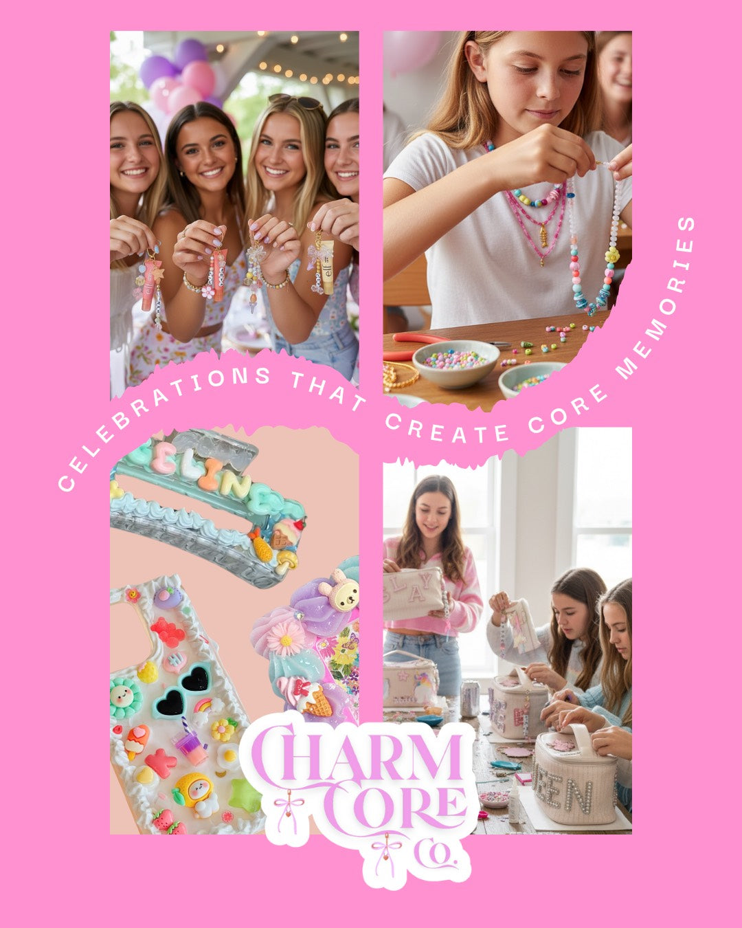 Collage of people making and enjoying charm necklaces with 'Charm Core' branding on a pink background.