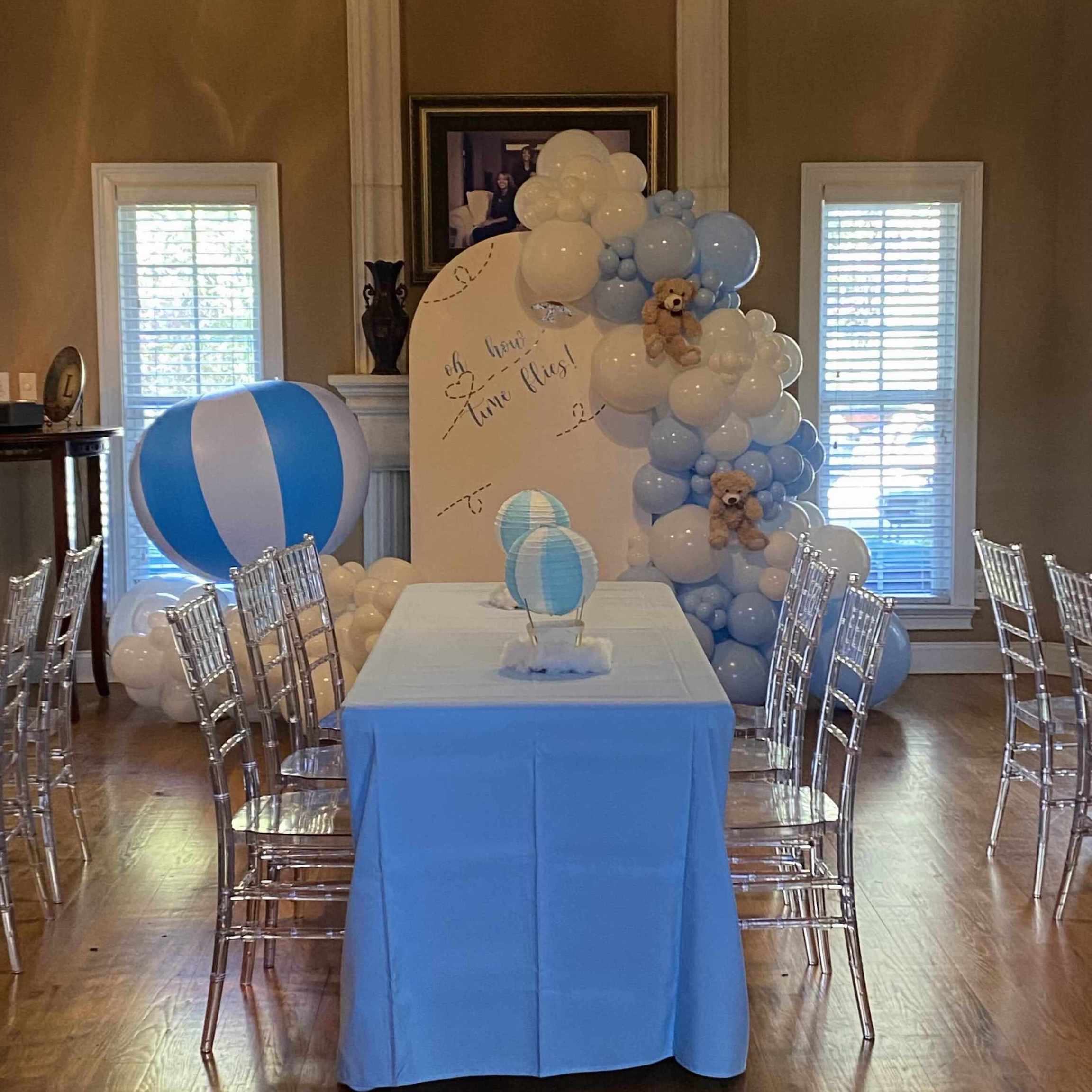 Bear Themed Baby Shower Balloon Backdrop and Tables with Silver Chairs | Confetti Jar