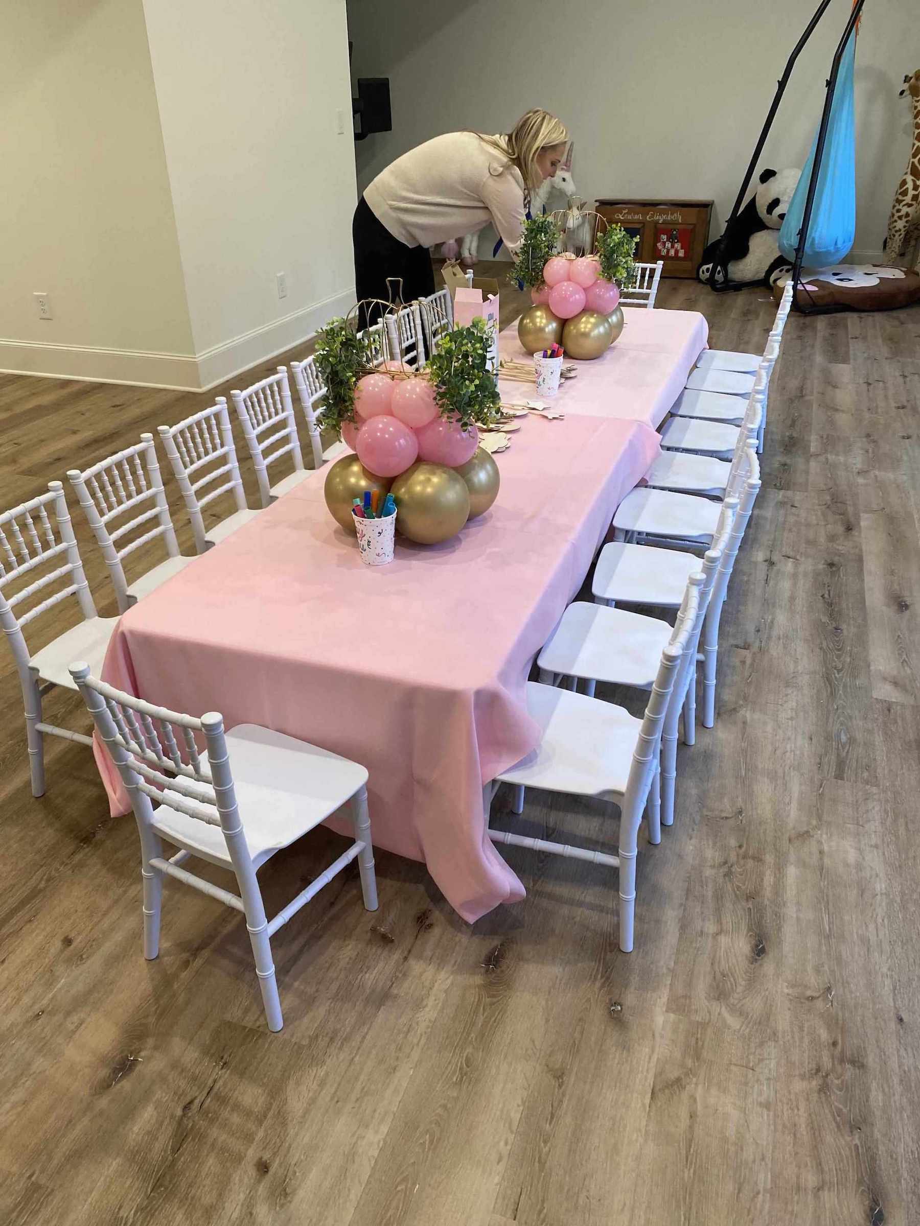 Birthday Party Table Setting and Chair Rental with Pink Table Cover | Confetti Jar