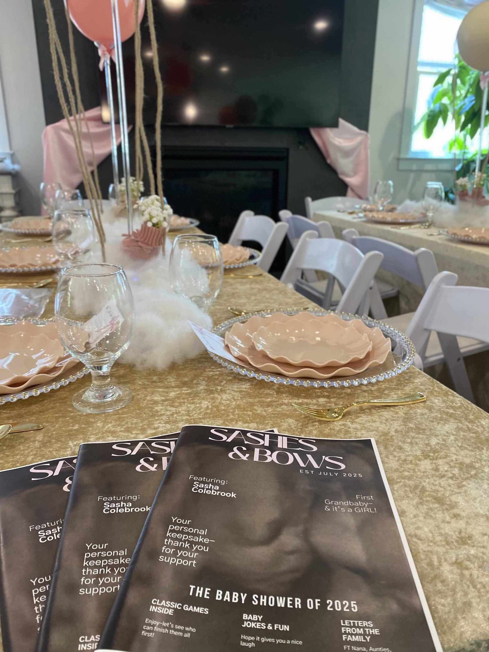 Table setting with plates, glasses, a baby shower in Atlanta.