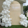 Balloon arch with 'BABY!' sign in front of a house for a baby shower in Atlanta.