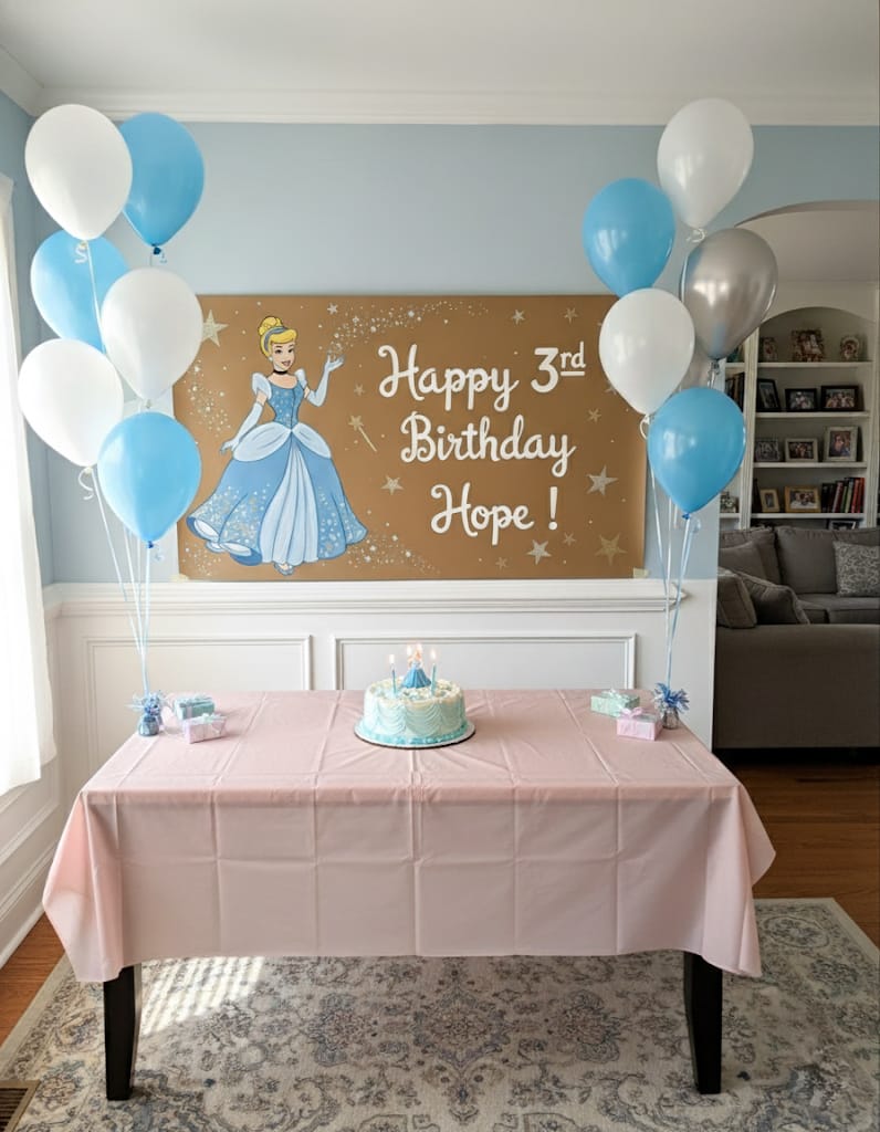 Custom hand-painted banner for third birthday party with Cinderella theme