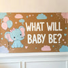 Custom hand-painted banner with an elephant and balloons on a brown background, featuring the text 'What Will Baby Be?'.