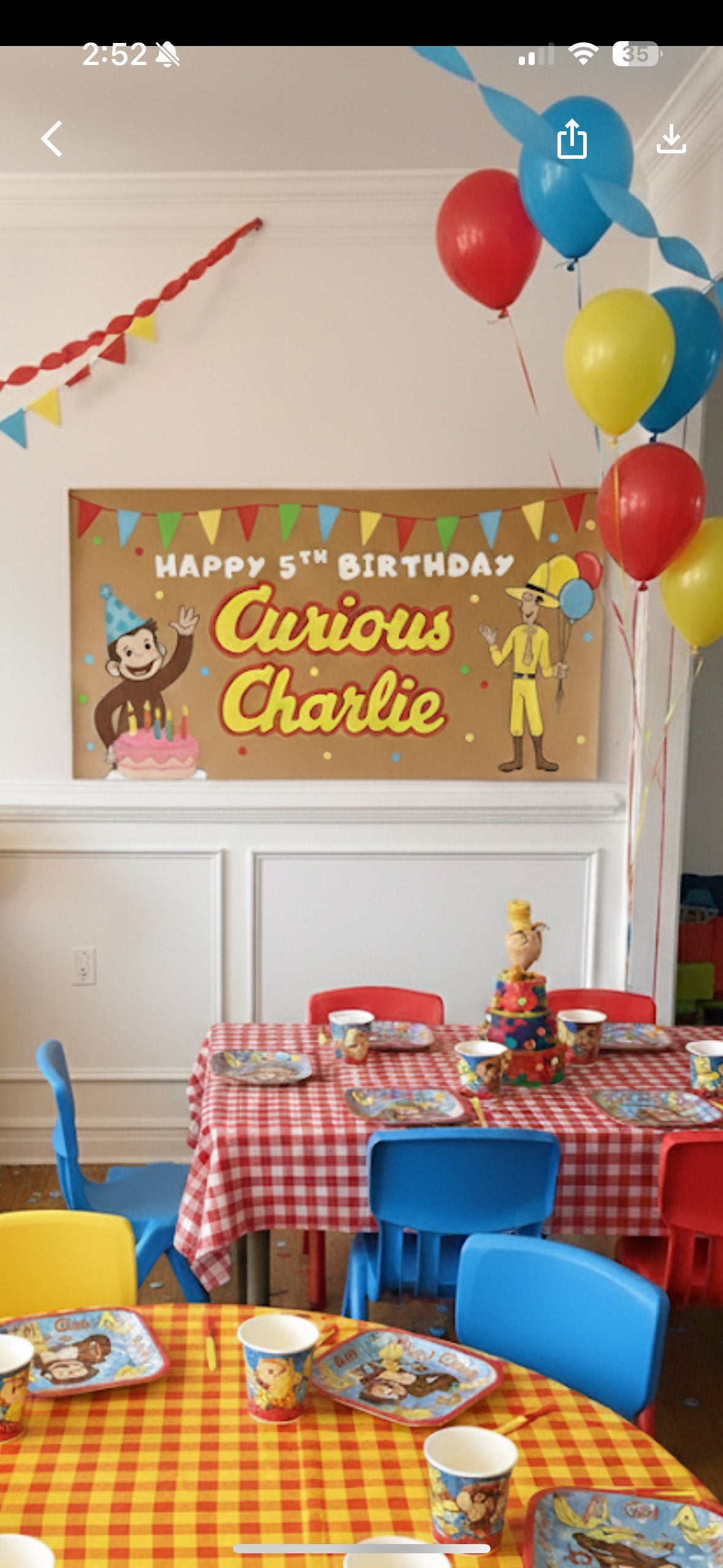 Custom hand-painted banner for 5th birthday party Curious George theme