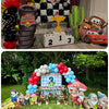 Decorative kids birthday party setup with race car theme and outdoor scene with characters and balloons.