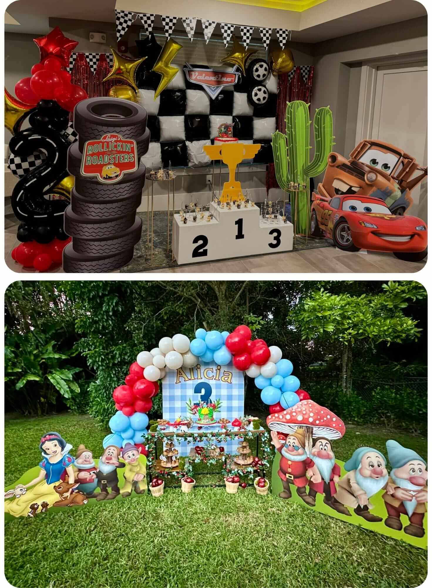 Decorative kids birthday party setup with race car theme and outdoor scene with characters and balloons.