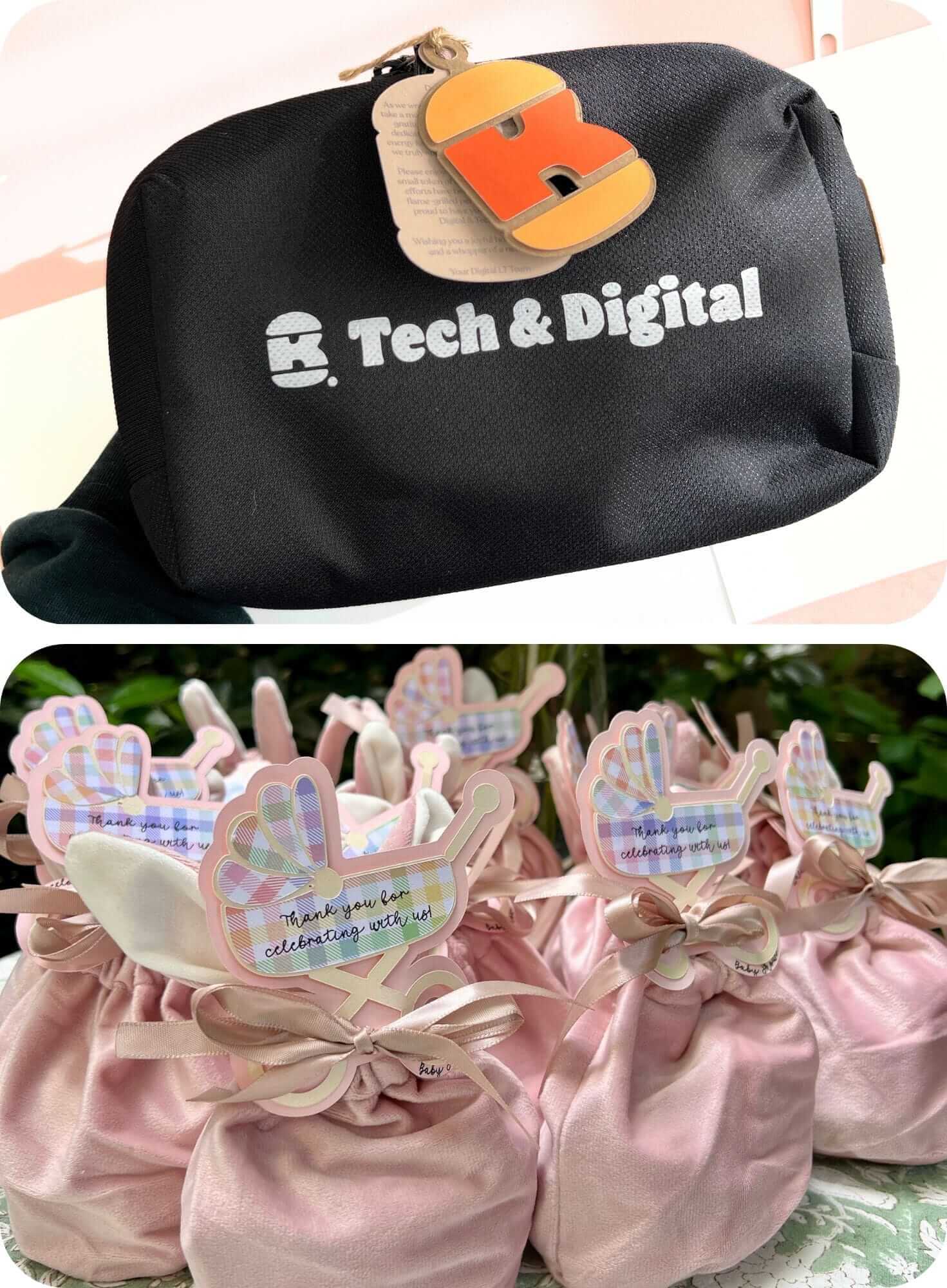 Black pouch with 'Tech & Digital' branding and pink bags with decorative tags on a white background