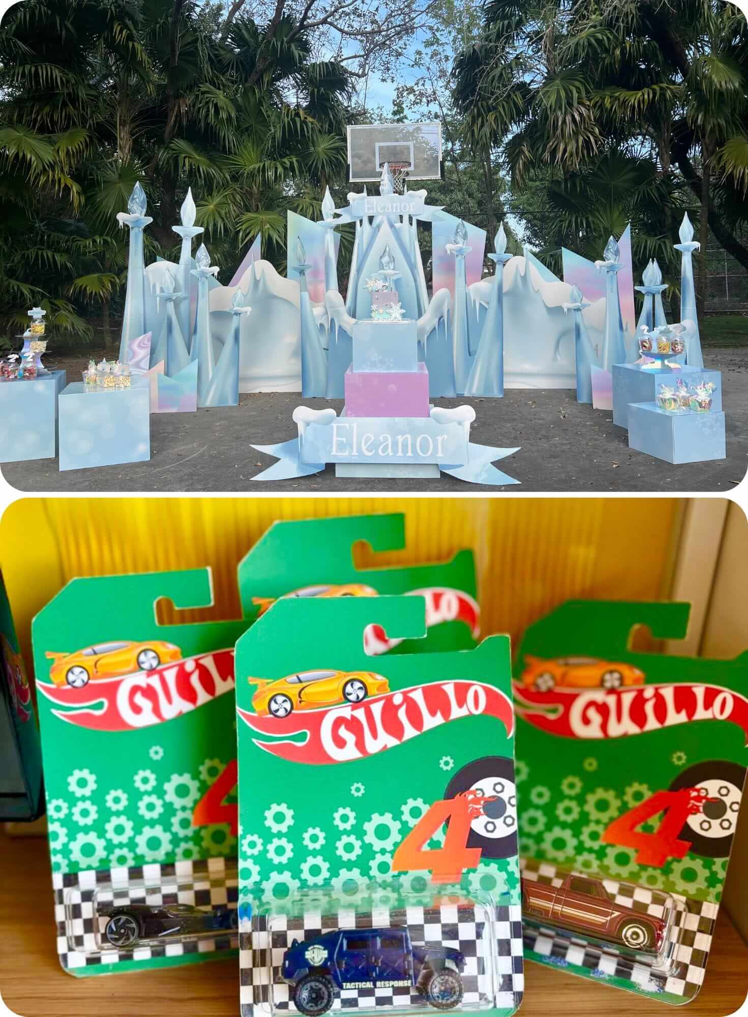 Children's birthday party setup with a castle and table decorations, followed by toy car packages.