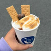 Hand holding a cup of ice cream with graham crackers against a gray background
