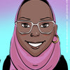 Cartoon illustration of a person wearing glasses and a pink hijab on a colorful background.