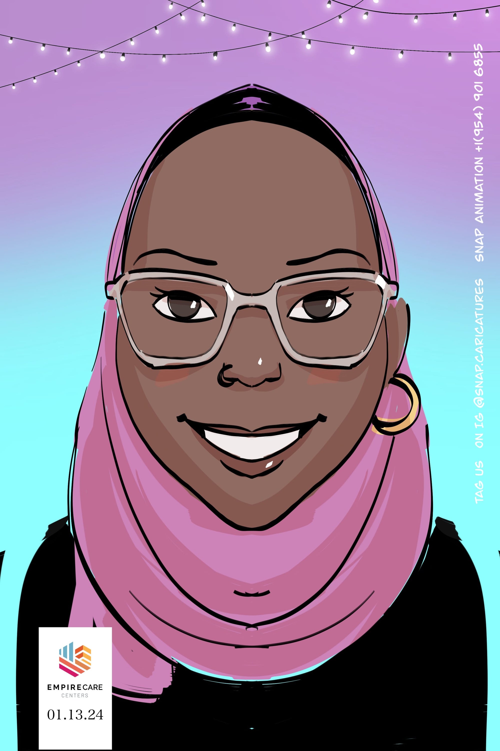 Cartoon illustration of a person wearing glasses and a pink hijab on a colorful background.