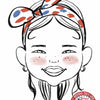 Cartoon caricature of a person with a headband featuring red, white, and blue colors, and a July 4th-themed badge.