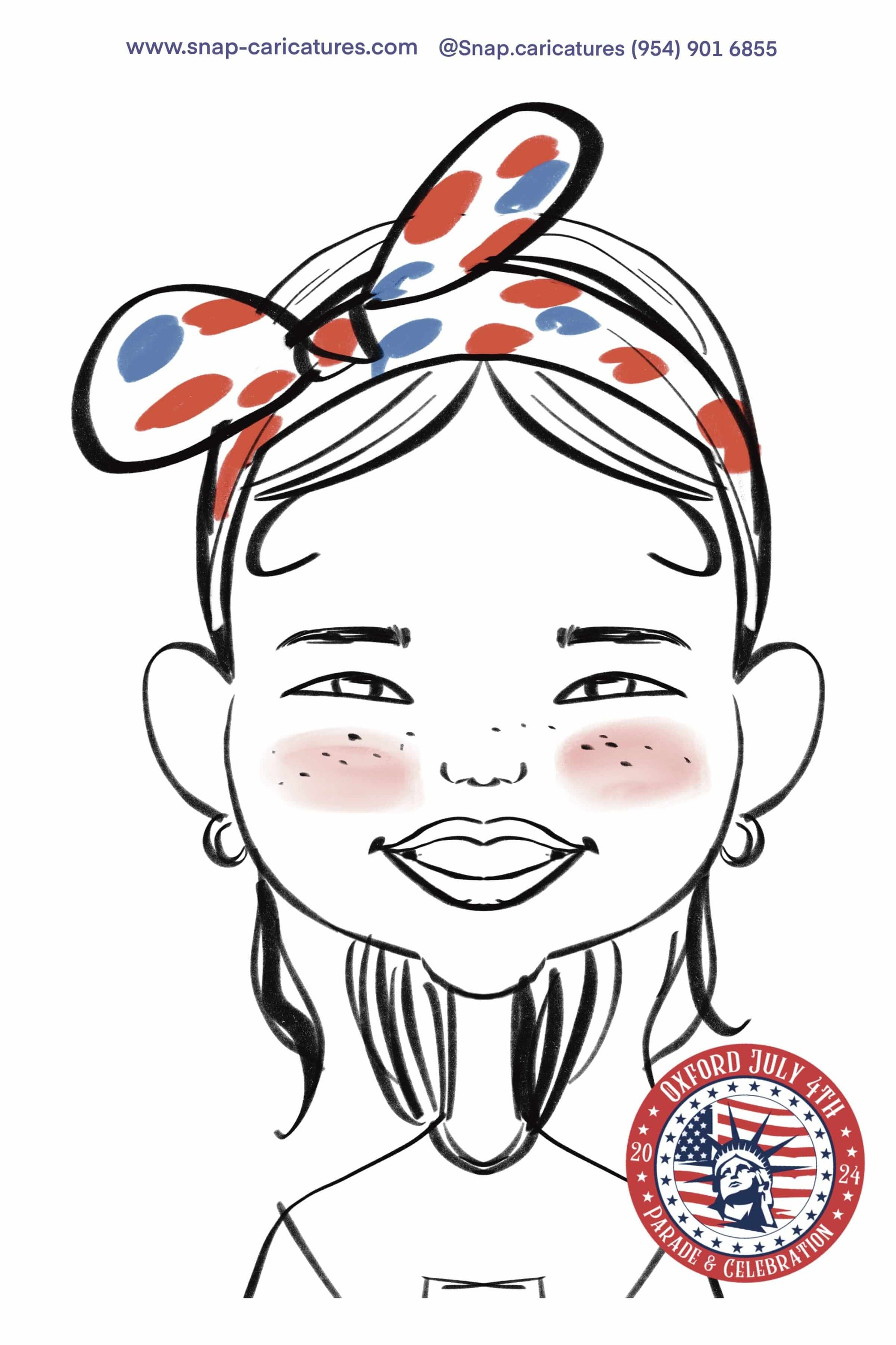 Cartoon caricature of a person with a headband featuring red, white, and blue colors, and a July 4th-themed badge.