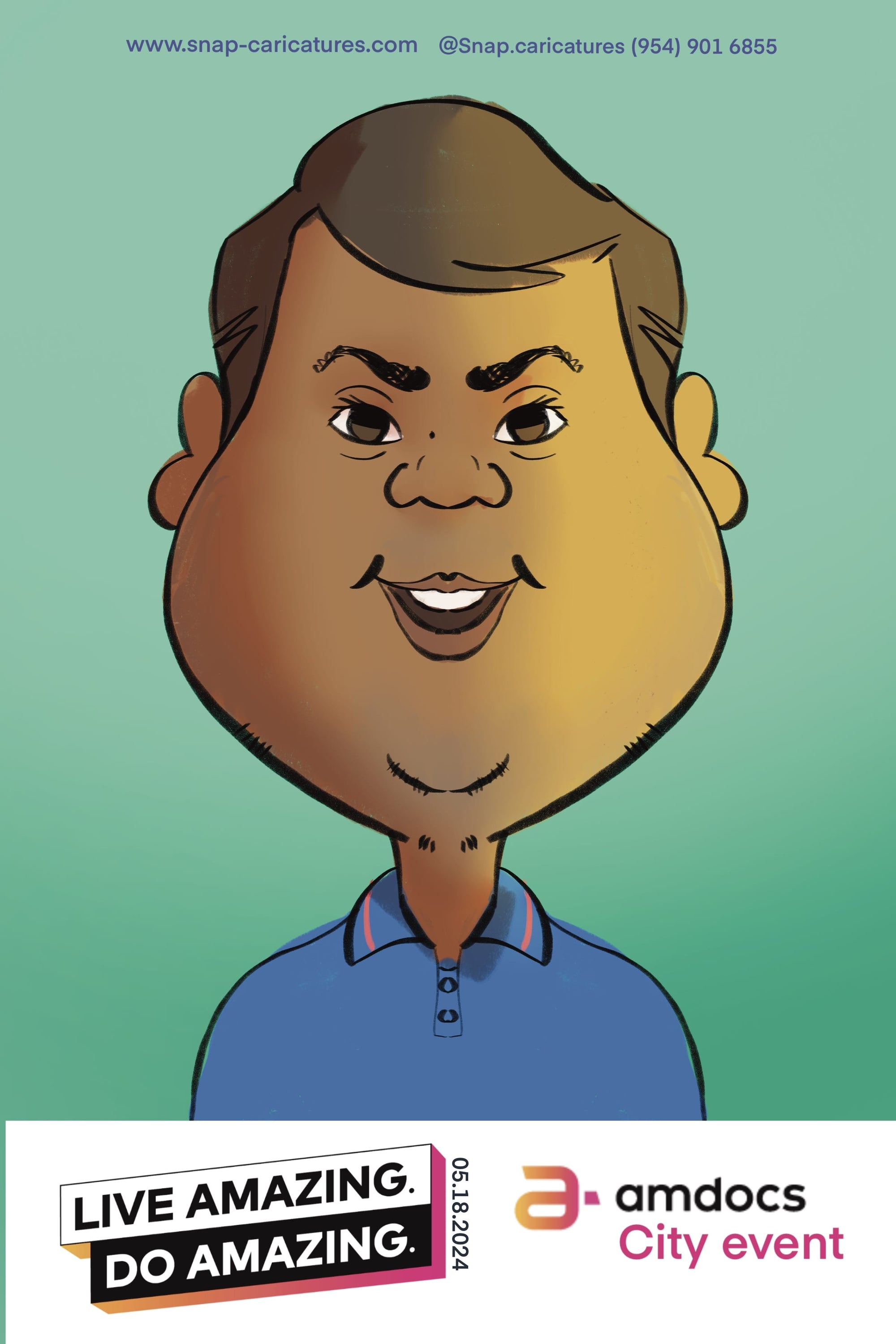 Cartoon caricature of a person with a blue shirt on a green background, featuring Amdocs branding.