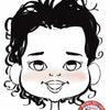 Cartoon caricature with curly hair and a decorative logo at the bottom right corner.