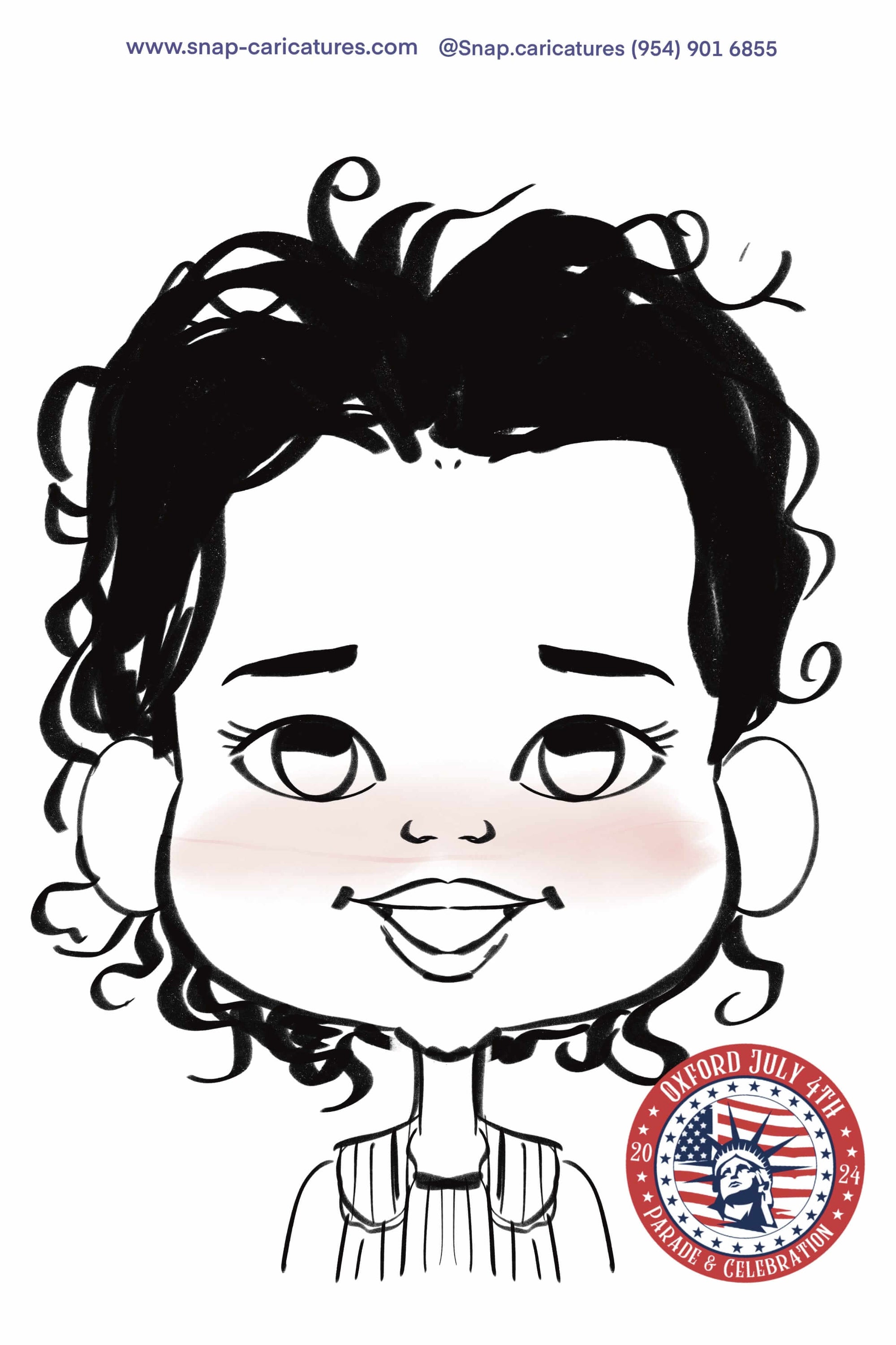 Cartoon caricature with curly hair and a decorative logo at the bottom right corner.