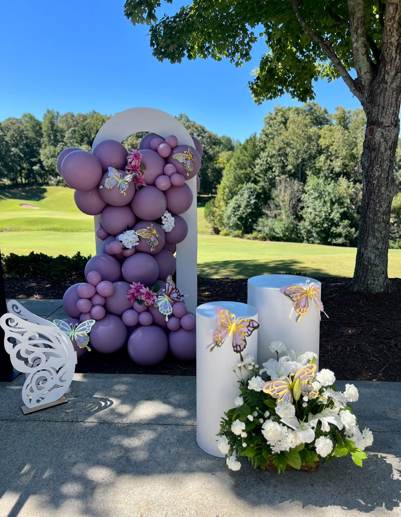 Decorative balloon backdrop with balloons, flowers, and butterflies on a sunny day outdoors.