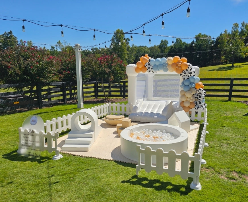 All or Nothing Peach Soft Play, White Bounce House, Ball Pit and Balloon Garland - Customized Theme