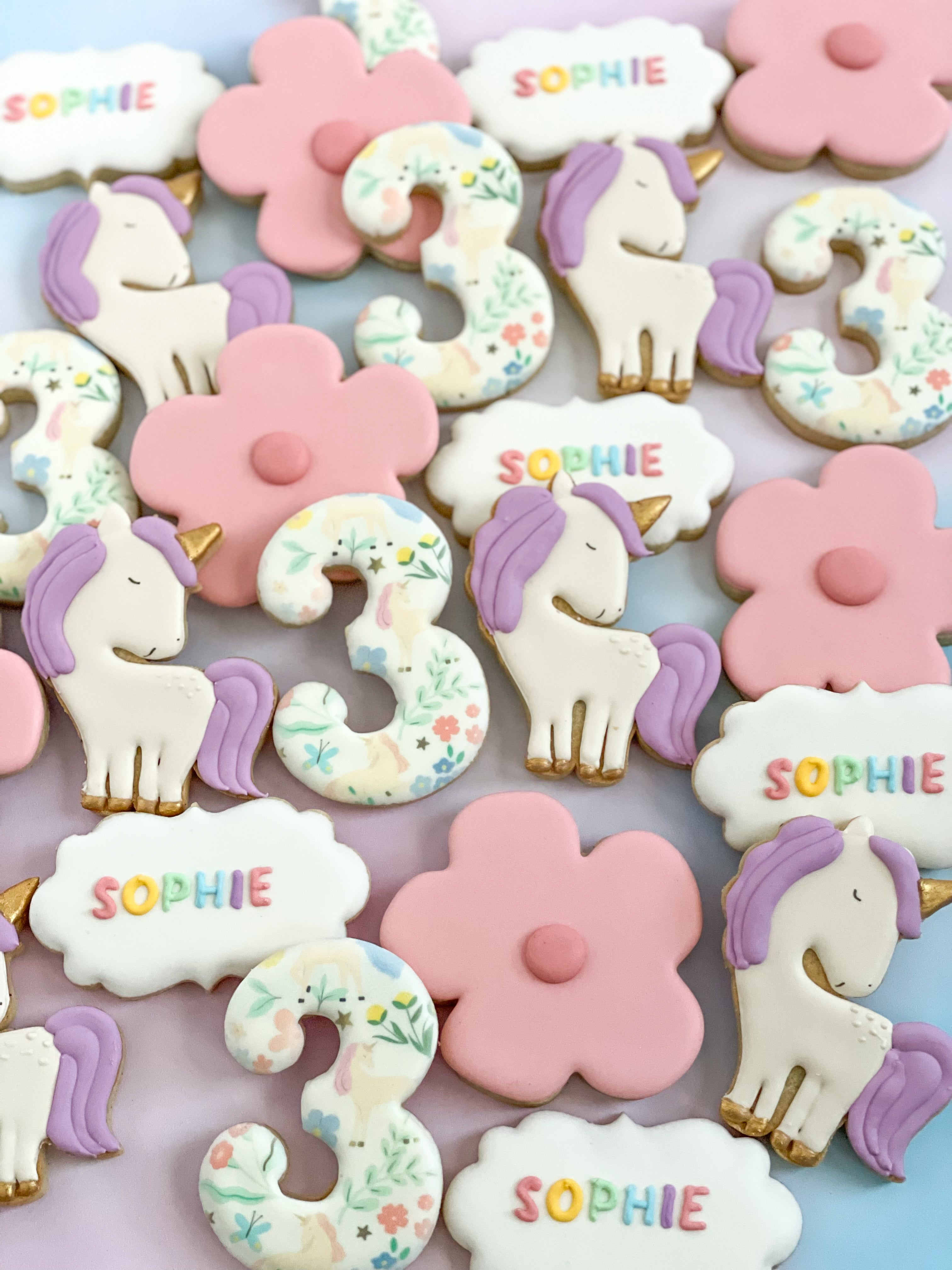 Meadow Unicorns and Flowers Personalized Birthday Cookies